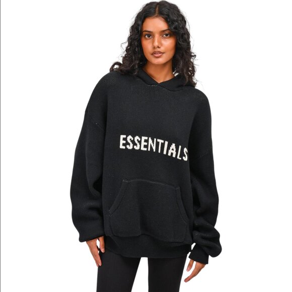 Essentials Fear of God Black Cable Knit Logo Hoodie Size Size M